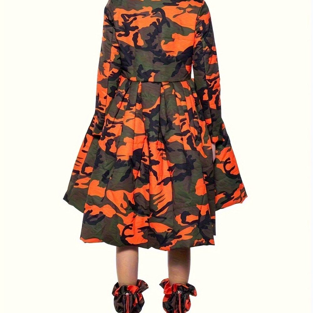 Orange Camo Puffer Coat - High Collar With Cinched Waist & Asymmetric Hem - Picture 2 of 4